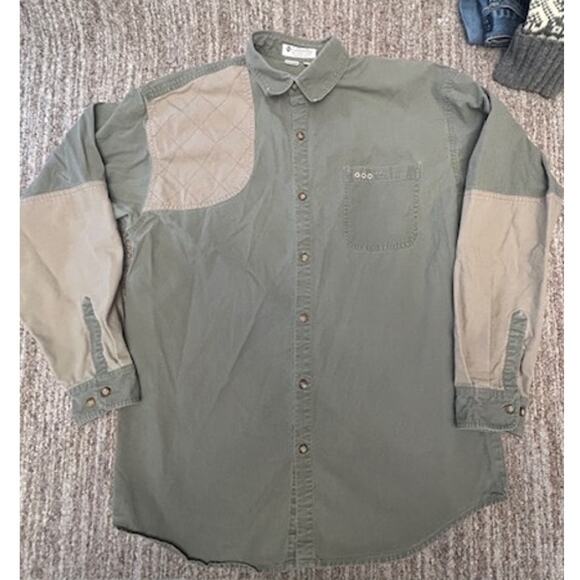 Vintage Columbia Green Tan Button Up Long Sleeve Shooting Hunting Shirt Size M - Picture 1 of 9